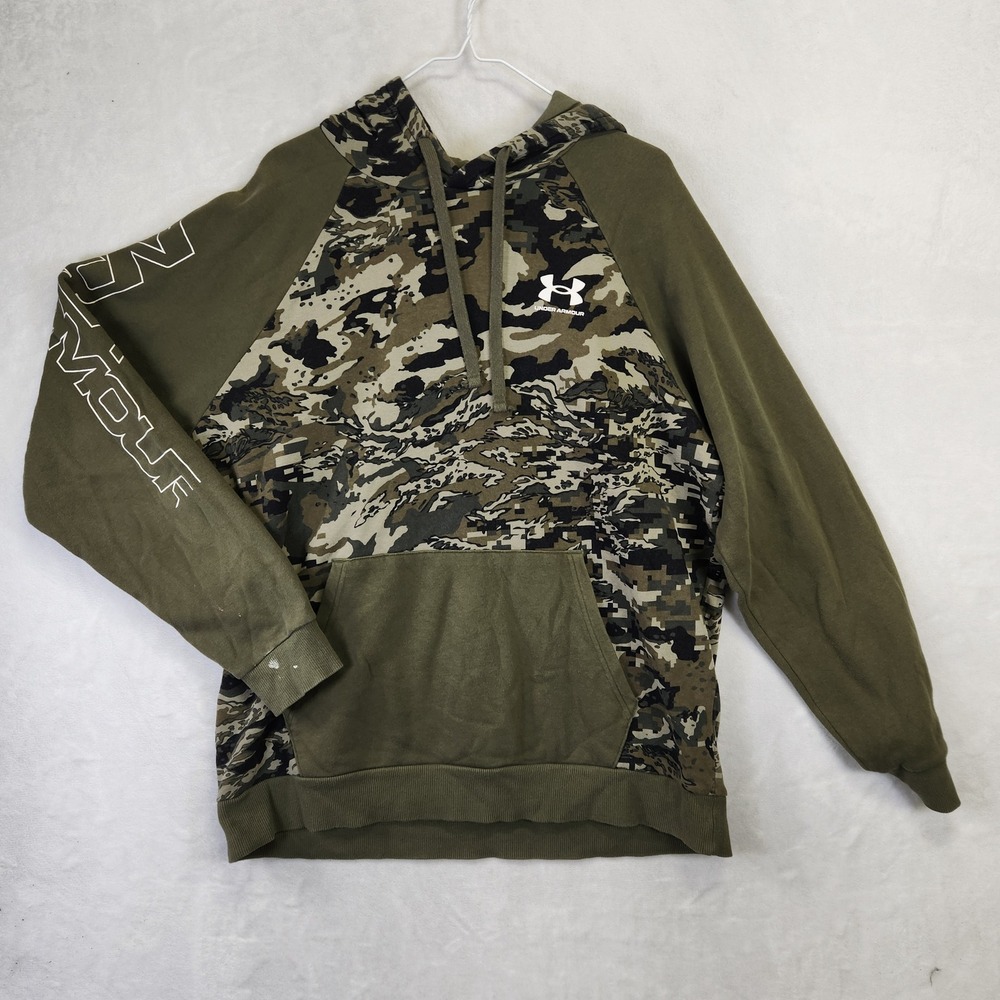 Under Armour Mens Olive Green Digital Camo Hoodie Loose Fit Large Raglan‎ Sleeve